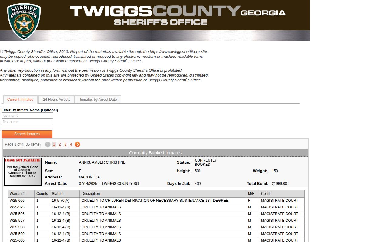 Official Twiggs County current-custody booking roster search