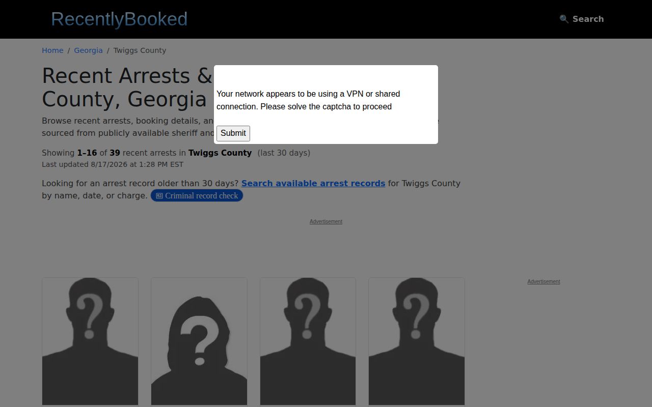 Twiggs County secondary recent booking page without a guaranteed photo source