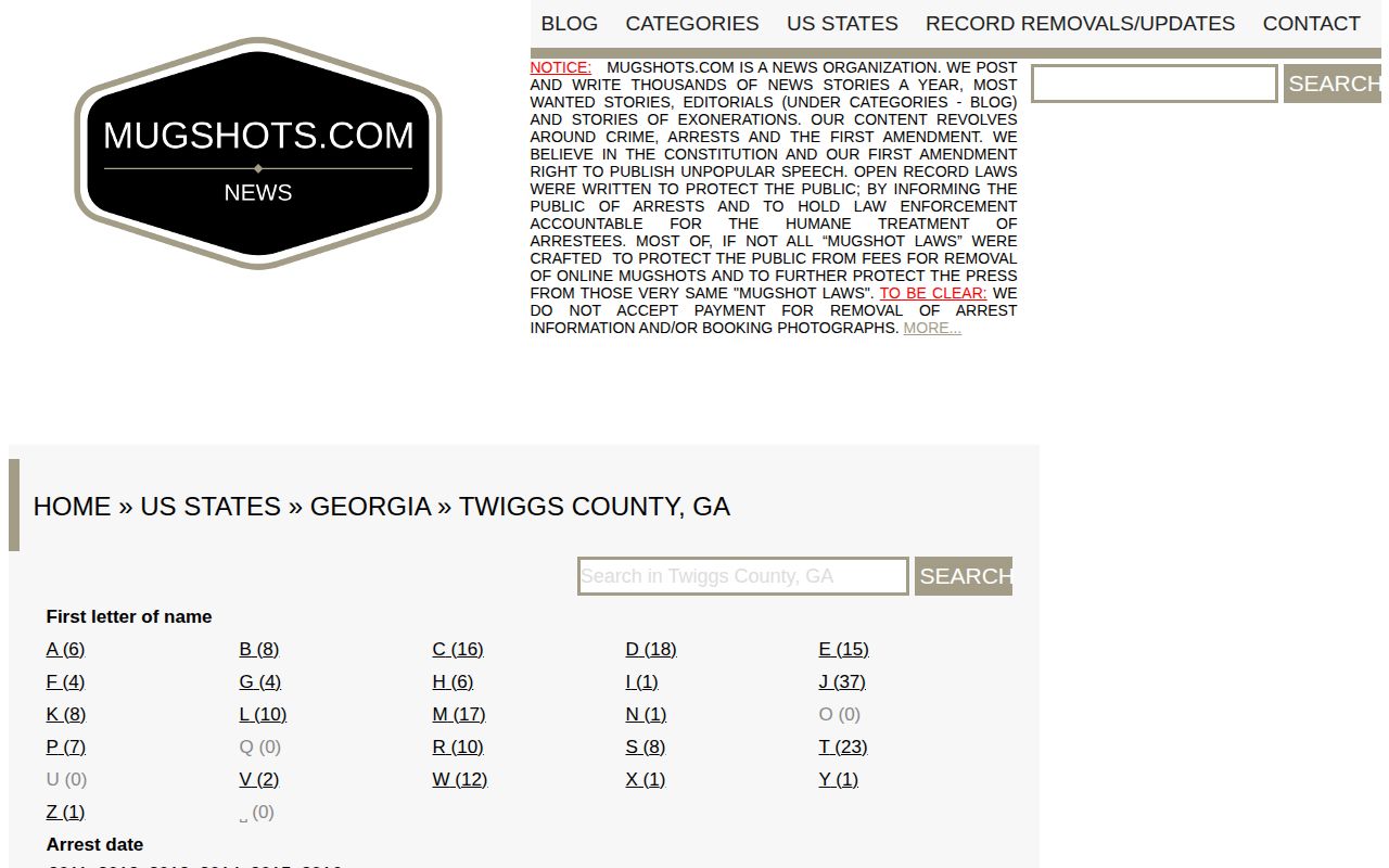 Twiggs County legacy secondary archive showing unavailable mugshot entries
